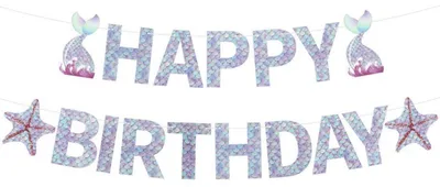 Productafbeelding van Happy Birthday, slingers. Meerjungenvlaggen. Decoraties voor kinderfeestjes. Partyversiering
