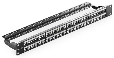 Produktbild von deleyCON 48 Port Patchpanel Patchfeld Modular für RJ45 Keystone Module 1 HE 19" Zoll Rackeinbau Kompatibel CAT5 CAT6 CAT7 CAT8 LAN Netzwerk Verlegekabel Schwarz