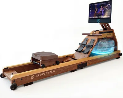 A high-tech water rowing machine with a built-in screen, presented against a white background.