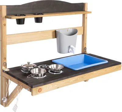 Produktbild von ONVAYA® Hänge-Matschküche ǀ Braun ǀ für Outdoor und Indoor ǀ wetterfest ǀ faltbar ǀ mit Edelstahl-Kochset ǀ Matschküche für den Garten