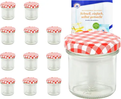 A set of glass jars with red and white checkered lids, along with a box of the jars.