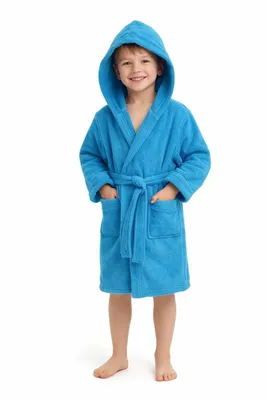 Produktbild von TOKER COLLECTION® Kinder Bademantel mit Kapuze – 100% Baumwolle Kapuze, Gürtel, Hautsympatisch, Blau, Gr. 134/140