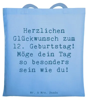 Produktbild von Mr. & Mrs. Panda Jutebeutel Spruch 12. Geburtstag - Sky Blue - Geschenk, Geburtstagsgeschenk, Tasche, besonderer Tag, Happy Birthday, feiern, Laptoptasche, Jutetasche