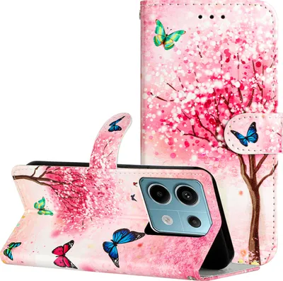 Produktbild von CLM-Tech Handyhülle kompatibel mit Xiaomi Redmi Note 13 Pro 5G Hülle - Tasche aus Kunstleder - Klapphülle mit Ständer und Kartenfächern - Schutzhülle Wallet Case Cover rosa Baum und Schmetterlinge