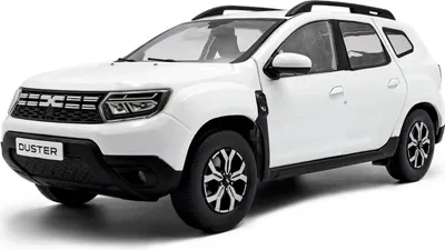 A white Dacia Duster model car is shown from a three-quarter front angle against a white background.