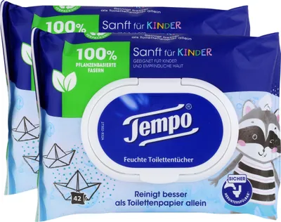 Produktbild von Tempo Feuchte Toilettentücher Sanft für Kinder 42 Tücher (2er Pack)