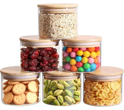 Immagine prodotto di Barattolo per alimenti da 450 ml - Set da 6 pezzi - Contenitore in vetro - Chiusura ermetica - Coperchio in bambù - Vetro resistente alle temperature - Barattolo per conservazione