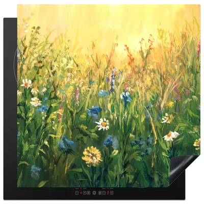 Produktbild von KitchenYeah© Herdabdeckplatte Blumen - Aquarell - Sonne , 78x78cm, Küche Deko, Glaskeramikkochfeld Herdabdeckung, Abdeckplatte fùr Kochfeld