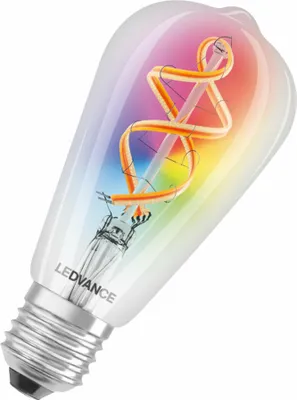 A close-up studio shot of a smart LED filament light bulb with a rainbow-colored glow.