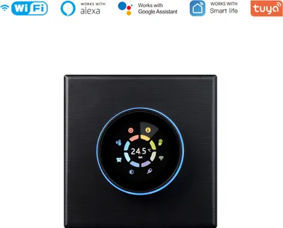 A black smart thermostat with a circular digital display showing temperature and icons.