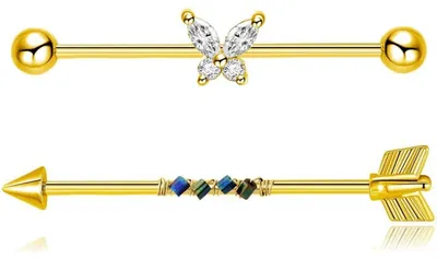 Produktbild von Industrial Barbells 38mm Chirurgenstahl 14G Schmetterling Herz Blume Silber Gold 2 Stück