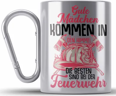 Produktbild von Trendation - Feuerwehr Frau Edelstahl Tasse Karabiner Geschenk Frauen Feuerwehrfrauen Spruch Geschenkidee (Silber)