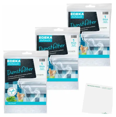 Three packages of Edeka Dunstfilter (grease filters) are arranged diagonally, with a separate white paper in the lower right corner.