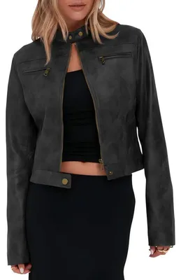 Produktbild von Kurze Kunstlederjacke im Retro-Stil für Damen mit Reißverschluss und Stehkragen