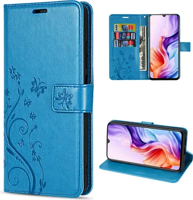 A collage of images showing a blue flip phone case with a floral design, both closed and open, and a phone inside.