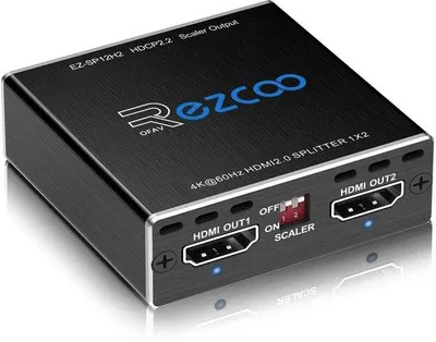 Obrázek produktu pro Rozdělovač HDMI 4K 60Hz, 1 vstup, 2 výstupy, podpora 1080P 120Hz, HDCP2.2, HDR, 18Gbps, UHD, Dolby Vision, Atmos, EDID, škálování. Vhodný pro připojení k zařízením jako SkyQ, Xbox, BluRay a pro použití s dvěma monitory. HDMI 2.0