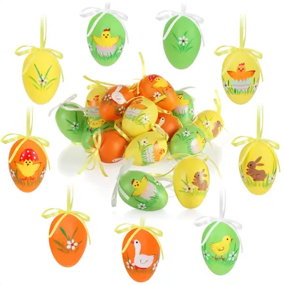 Produktbild von com-four® 18x Ostereier zum Aufhängen 6 cm - bunte Ostereier mit Blumen und Tieren - Hängedeko für den Osterstrauß
