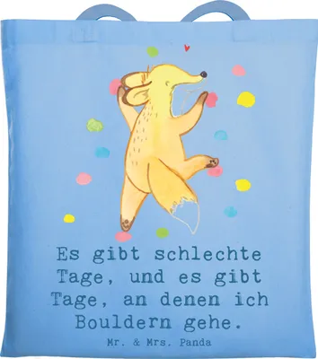 Produktbild von Mr. & Mrs. Panda totebag Fuchs Bouldern - Sky Blue - Geschenk, Jutebeutel, Tote Bag, Tasche, Laptoptasche, Boulderhalle, Klettern, Kletterhalle, Schultasche, Shopping