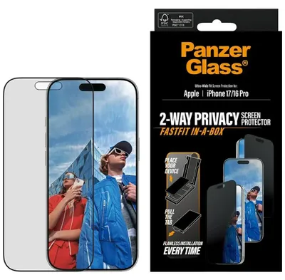 Zdjęcie produktu dla PanzerGlass ® 2-Way Privacy Screen Protector iPhone 17 | iPhone 16 Pro | Ultra-Wide Fit w. Fastfit in-a-box, Apple, Apple - iPhone 17, Apple - iPhone 16 Pro, Aplikacja na sucho, Odporny na zadrapania, Odporny na wstrząsy, Przezroczysty, 1 szt.