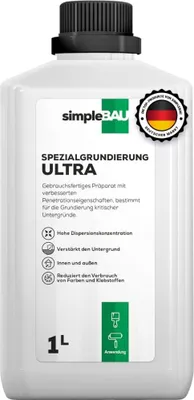 Produktbild von SimpleBau Grundierung ULTRA gebrauchsfertige Grundierung mit erhöhten Parametern Eine Grundierung für kritische Unterlagen Dringt stark in den Untergrund ein Verstärkt den Untergrund, 1l