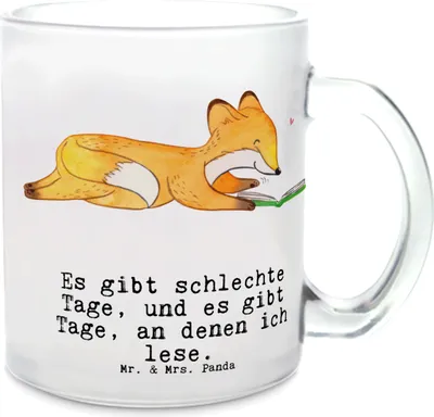 Produktbild von Mr. & Mrs. Panda Teetasse Fuchs Lesen - Transparent - Geschenk, Bücherwurm, Teeglas, Pott, Bücher, Tee Tasse, Glas, Trinkglas