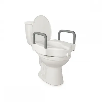 A white toilet seat riser with gray armrests is shown on a white background.