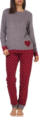 Produktbild von Damen Frottee Pyjama mit Bündchen im Herz Tupfen- und Ringeldesign  - auch in Übergrössen ; Ringel rot , 52