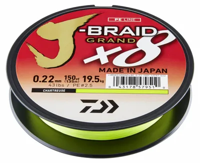 Produktbild von DAIWA J-BRAID GRAND X8, 270m, 0,2mm, 16kg / 35,27lbs, chartreuse, Geflochtene Schnur, 12797-120