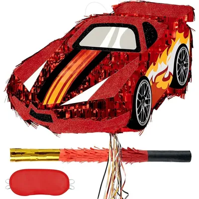 Immagine prodotto di Set per "piñata" a tema auto da corsa, con benda per gli occhi e bastone, colore rosso, decorazione per feste