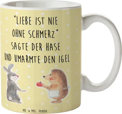 Produktbild von Mr. & Mrs. Panda Teetasse Hase Igel - Gelb Pastell - Geschenk, Herzschmerz, Trösten, kaffeetasse bedruckt, Kaffeepott, Trennungsschmerz, Tasse, Becher, Liebe Spruch