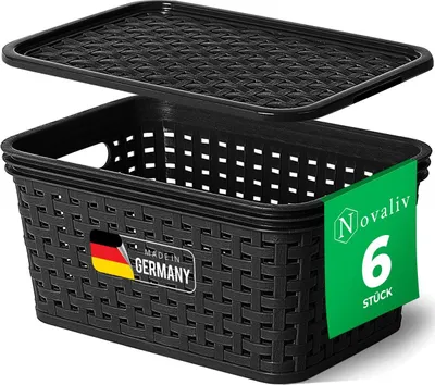 Produktbild von Novaliv 6er Set Aufbewahrungsboxen mit Deckel Mini 2L Korb Schwarz in Rattan Design Lebensmittelecht Aufbewahrungskorb Stapelboxen Nestbar Kunststoff BPA-frei Kiste Verstaubboxen mit Deckel