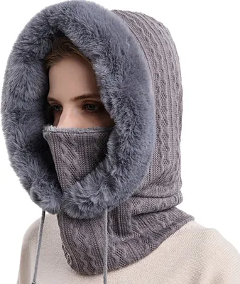 Produktbild von 3 in 1 Winter Damen Strickmütze Dicke Fleecefutter Warm Skimütze mit Schal Gesichtsmaske Outdoor Cycling Winterfeste Skimütze, Farbe:Grau