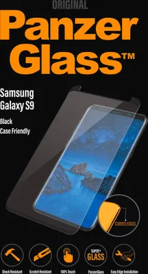 A product image for a PanzerGlass screen protector for a Samsung Galaxy S9, showing the product and its features.
