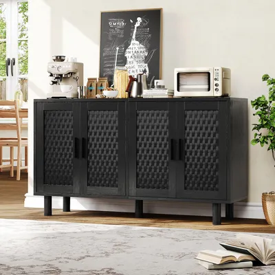 Obrázek produktu pro Komoda ProximaX, šířka 140 cm, černá, se 4 dvířky s dekorativním propletením, úložná skříň v rustikálním stylu