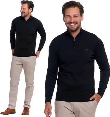 Productafbeelding van Herenpullover - Trui met rits, maat M - Zwarte trui met opstaande kraag - 100% katoen