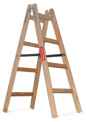 Obrázok produktu pre Baulich | Drevený rebrík – 2 x 4 stupne – obojstranný – z borovicového dreva – EN 131 – pracovná výška do 2,7 m – nosnosť 150 kg – odolný voči poveternostným vplyvom – s háčikom