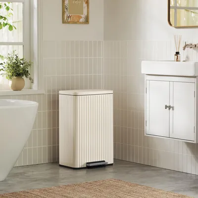 Produktbild von Abfalleimer für Küche, Mülleimer aus Stahl, mit Deckel und herausnehmbarem Inneneimer, Softclose, 50 Liter, creme