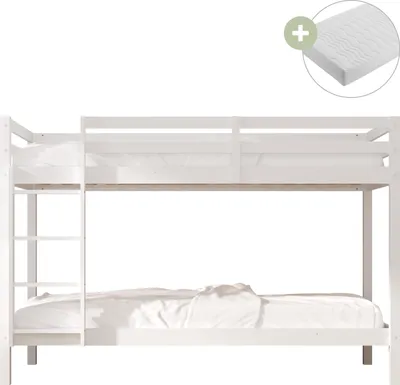 Image de Sunny Jip Lits Superposés En Bois, Blanc | Lits Superposés  2 Places - 2 Matelas Hybrides 90 X 200 Inclus | Dimensions Totales: 208 X 97 X 140Cm