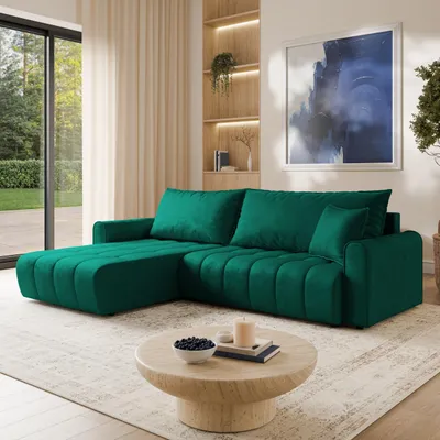 Produktbild von Masseno Ecksofa FRIGA mit Schlaffunktion L-Form, Sofa mit Bettkasten, Wohnzimmersofa, Couch, Soffa, Bettsofa, Couchgarnitur- Grün, MONOLITH 37