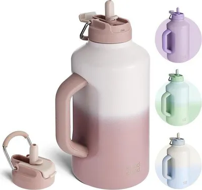 Produktbild von Famanu Wasserflasche mit Strohhalm und doppeltem Deckel - 64 oz - Sport Edelstahlflasche - rosa Verlauf