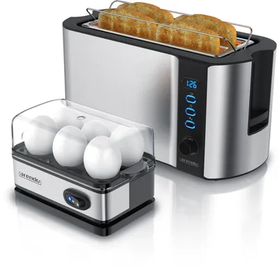 Produktbild von Arendo Frühstücksset, Langschlitz Toaster 4 Scheiben, Eierkocher für 6 Eier, Silber