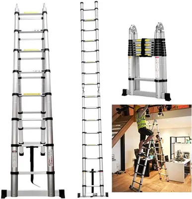 Zdjęcie produktu dla Drabina teleskopowa – w kształcie litery A, 2 x 6 szczebli – długość 3,8 m – aluminium – nośność 150 kg – stabilizator – EN 131