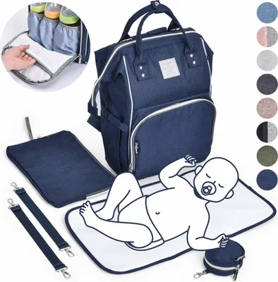 Produktbild von Daliya® PAKMI Wickelrucksack mit Schnullertasche & Wickelunterlage & Wickelunterlagentasche & Schlüsselanhänger - Wickeltasche Mamabag Tasche Rucksack mit viel Stauraum  - Marineblau