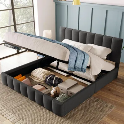 Produktbild von Polsterbett 140x200cm mit Stauraum, verstellbarem Kopfteil und Lattenrost aus Metallrahmen, Leinenbezug in Grau, Bettgestell für Schlafzimmer