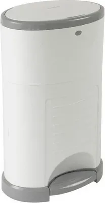 A white and gray diaper pail with a gray lid and foot pedal.