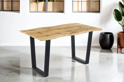 Produktbild von Refurbished Möbelretoure Esstisch Baumkante 140x80 cm Holz Wildeiche-Optik V-Gestell Metall schwarz KOPENHAGEN
