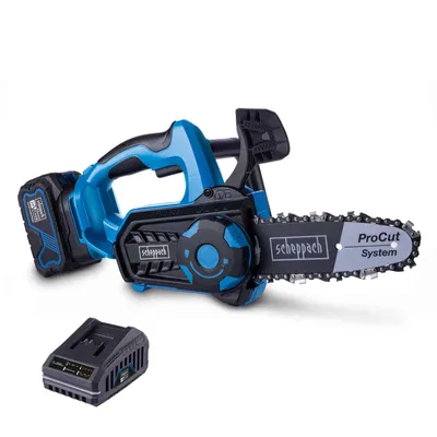 Immagine prodotto di Motosega a batteria Scheppach BC-TCS200-X - Brushless | Lunghezza di taglio 17,5 cm | Lunghezza lama 20 cm | Velocità di taglio 7 m/s | incl. batteria 4 Ah + caricabatteria 2,4 A