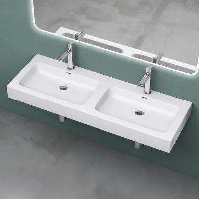 Produktbild von Mai & Mai Aufsatzwaschbecken Hängewaschbecken Doppel-Waschbecken in Matt Weiß Waschtisch Waschbecken Gussmarmor Colossum830