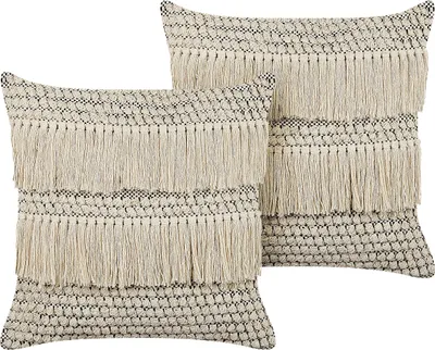 Obrázek produktu pro BELIANI Sada 2 dekoračních polštářů Béžová bavlna 45 x 45 cm se střapci Boho Dekorace