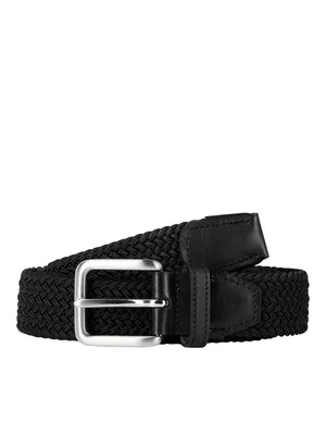 A black woven belt with a silver buckle is displayed against a white background.